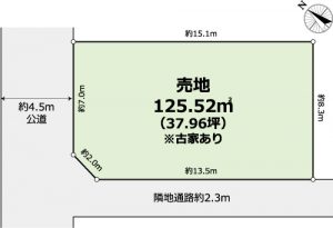 北西４．５ｍ道路・南西２．３ｍ隣地通路につき角地のような日当りと開放感です