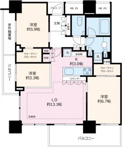 専有面積73.38㎡・3LDK＋2WIC・角部屋